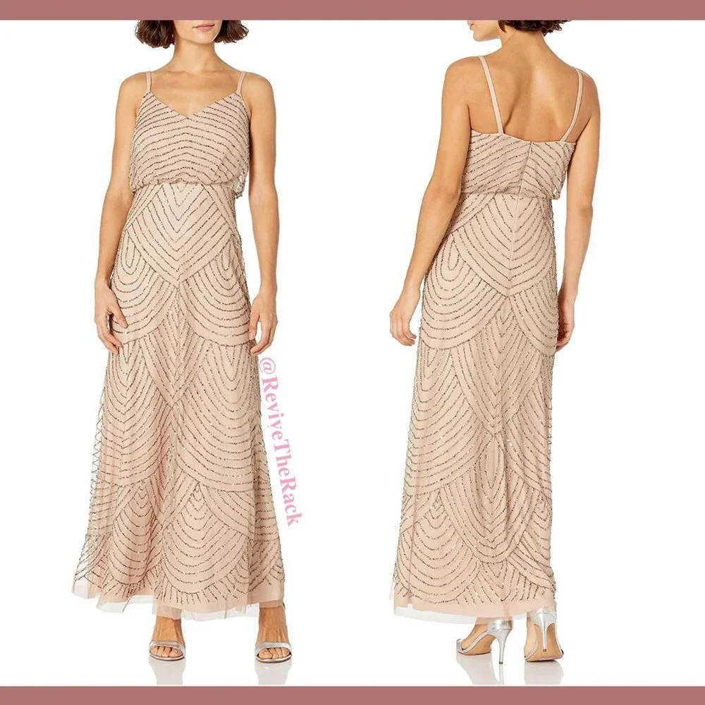 NEW $260 Adrianna Papell Art Deco‎ Beaded Blouson Gown in Taupe Pink [SZ 12P ]